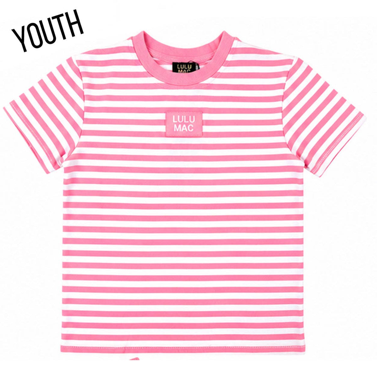 Youth neon pink striped baby doll top with crew neck and short sleeves