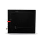 Black electronic device with a red button on a white background