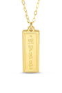 Gold necklace with a rectangular pendant on a white background