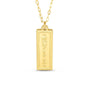 Gold necklace with a rectangular pendant on a white background