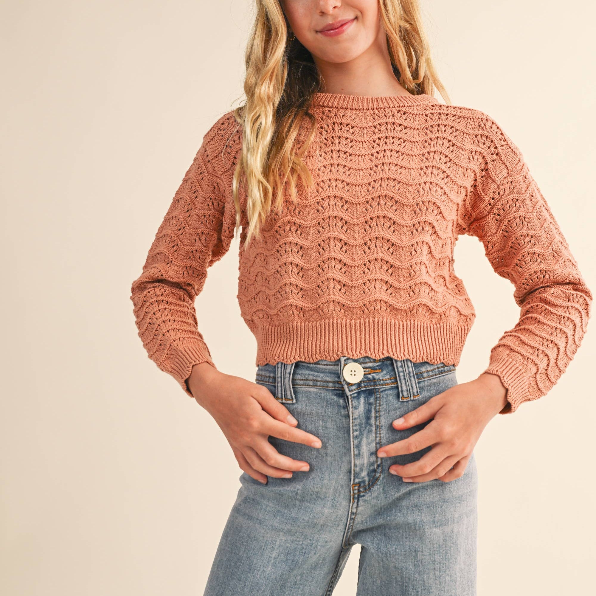 heart and arrow - TWEEN GIRLS KIDS CREW NECK WAVY POINTELLE L/S SWEATER (7-14)