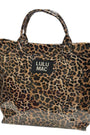 Leopard print tote bag with 'LULU MAC' label on a white background