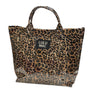 Leopard print tote bag with 'LULU MAC' label on a white background