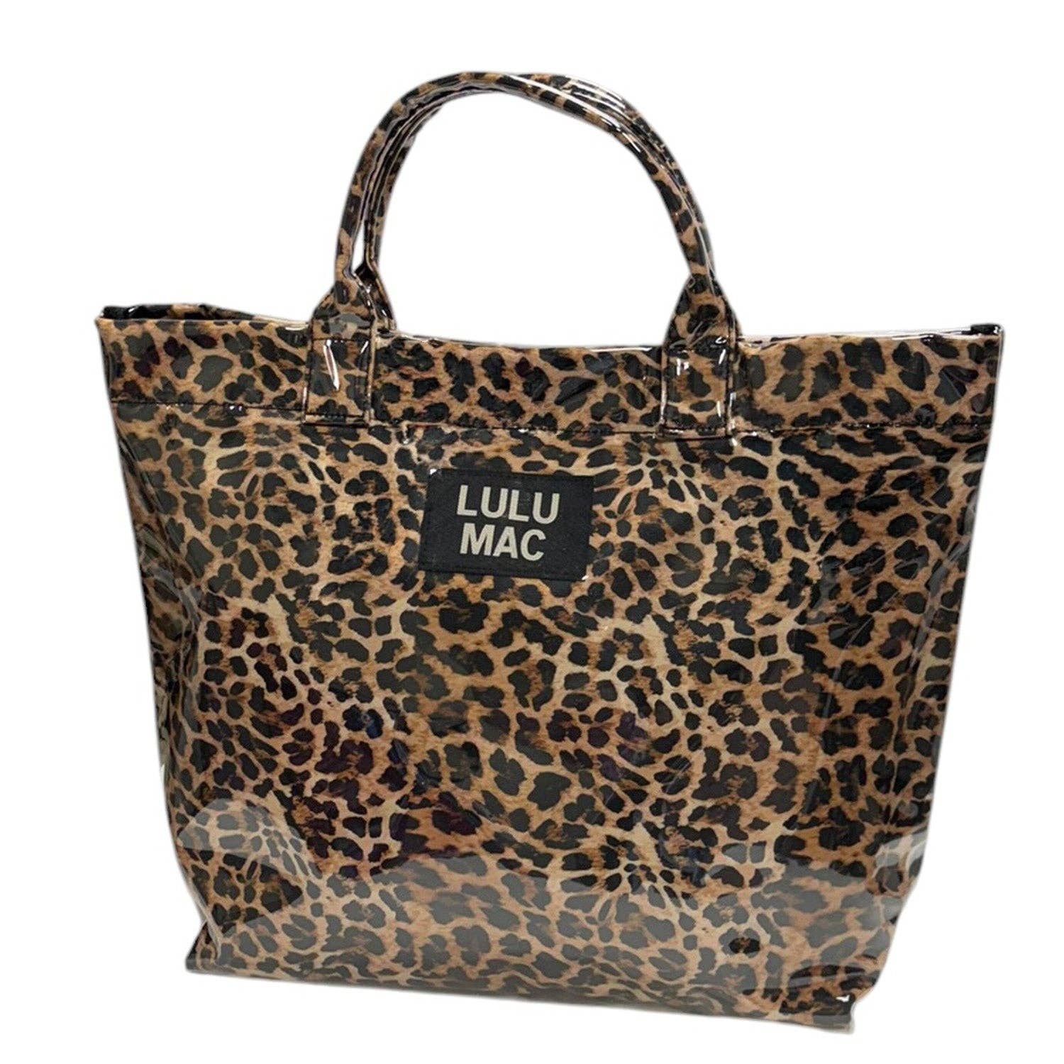 Leopard print tote bag with 'LULU MAC' label on a white background