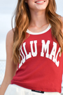 Crimson red sleeveless graphic crop tank top with white trim