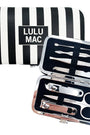 Nail care set with tools and a striped case labeled LULU MAC on a white background