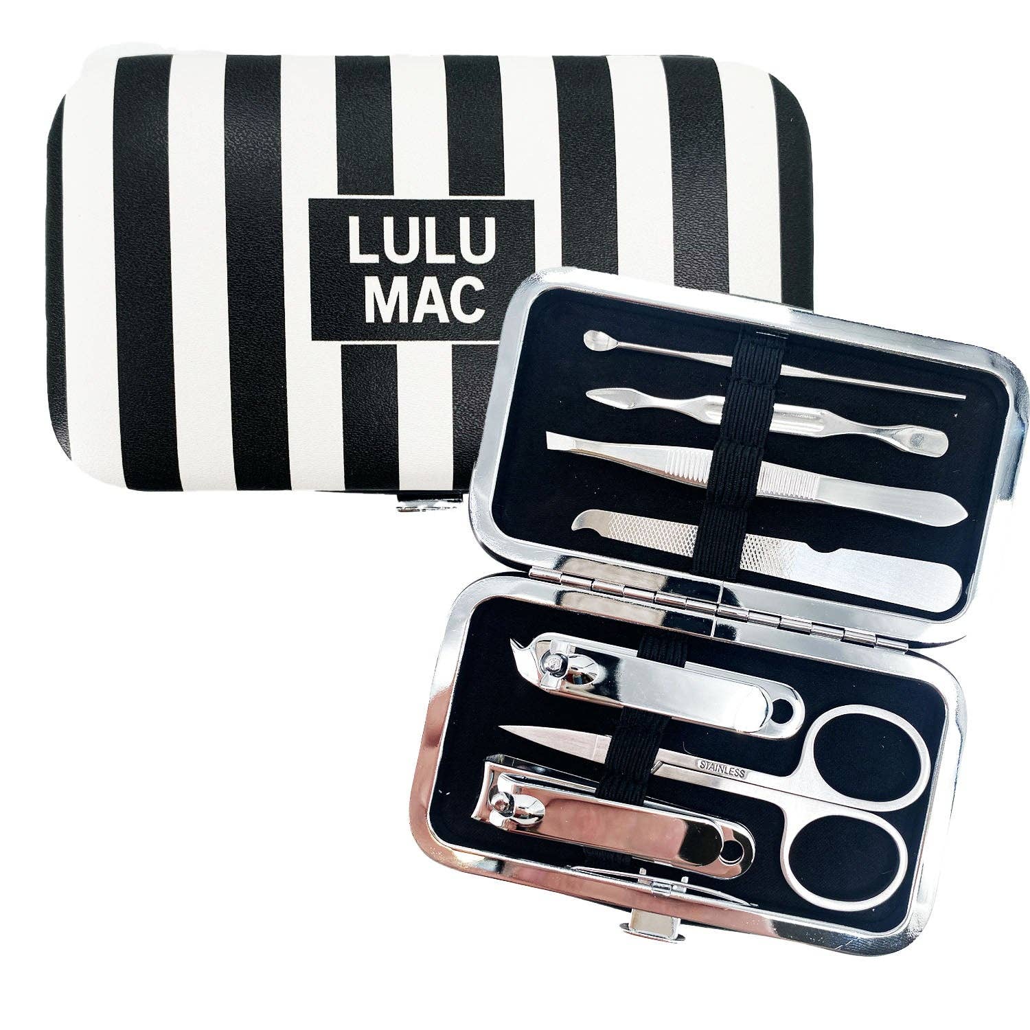 Nail care set with tools and a striped case labeled LULU MAC on a white background