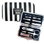 Nail care set with tools and a striped case labeled LULU MAC on a white background