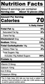 Nutrition facts label for a food product with serving size, calories, and nutritional content.