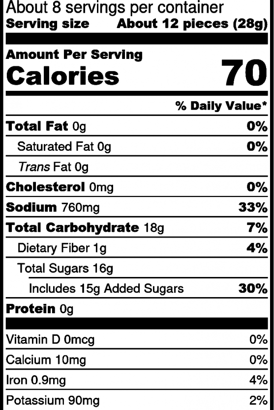 Nutrition facts label for a food product with serving size, calories, and nutritional content.