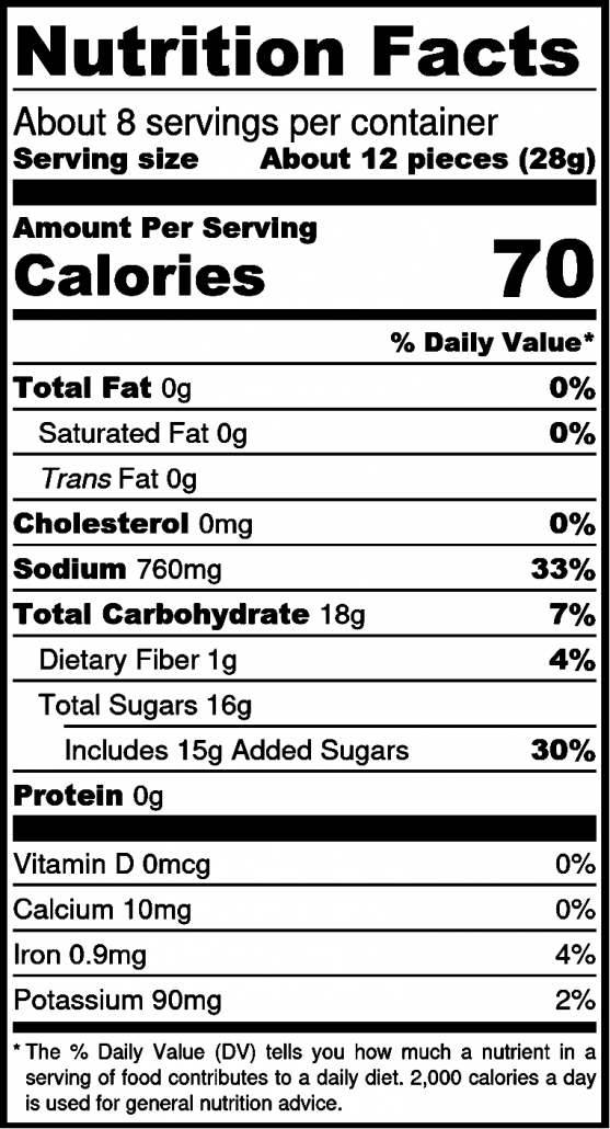Nutrition facts label for a food product with serving size, calories, and nutritional content.