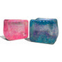 Two colorful glittery cubes, one pink and one blue, on a white background.