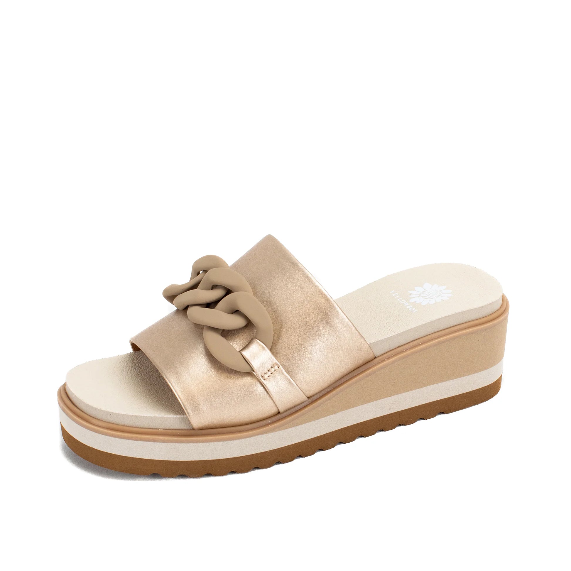 Beige wedge sandal with braided detail on a white background