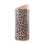Slim can sleeve in brown leopard print, side view with KATYDID logo