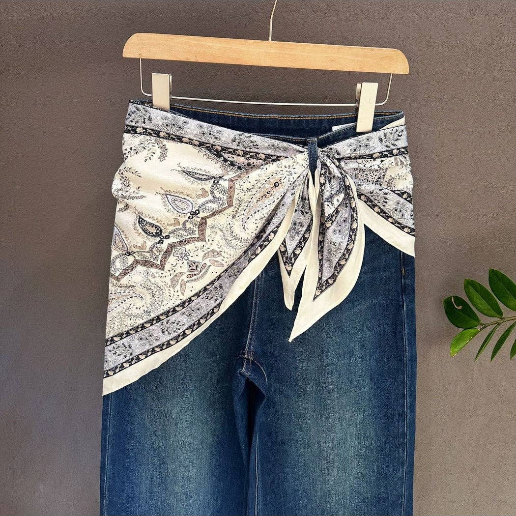 Triangle bandana scarf with muted grey vintage paisley pattern and cream edges