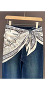 Triangle bandana scarf with muted grey vintage paisley pattern and cream edges