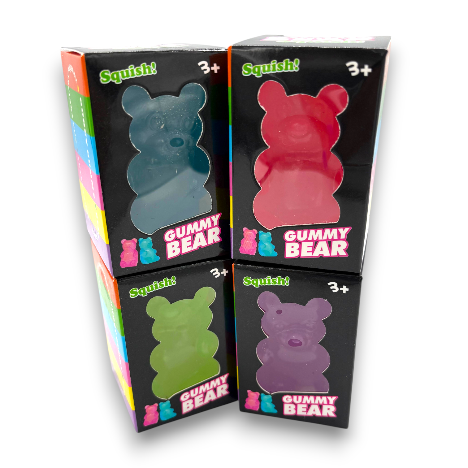 Four boxes of Squish Gummy Bear toys on a white background