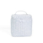 Blue and white small rectangular lunch box with a textured pattern on a white background