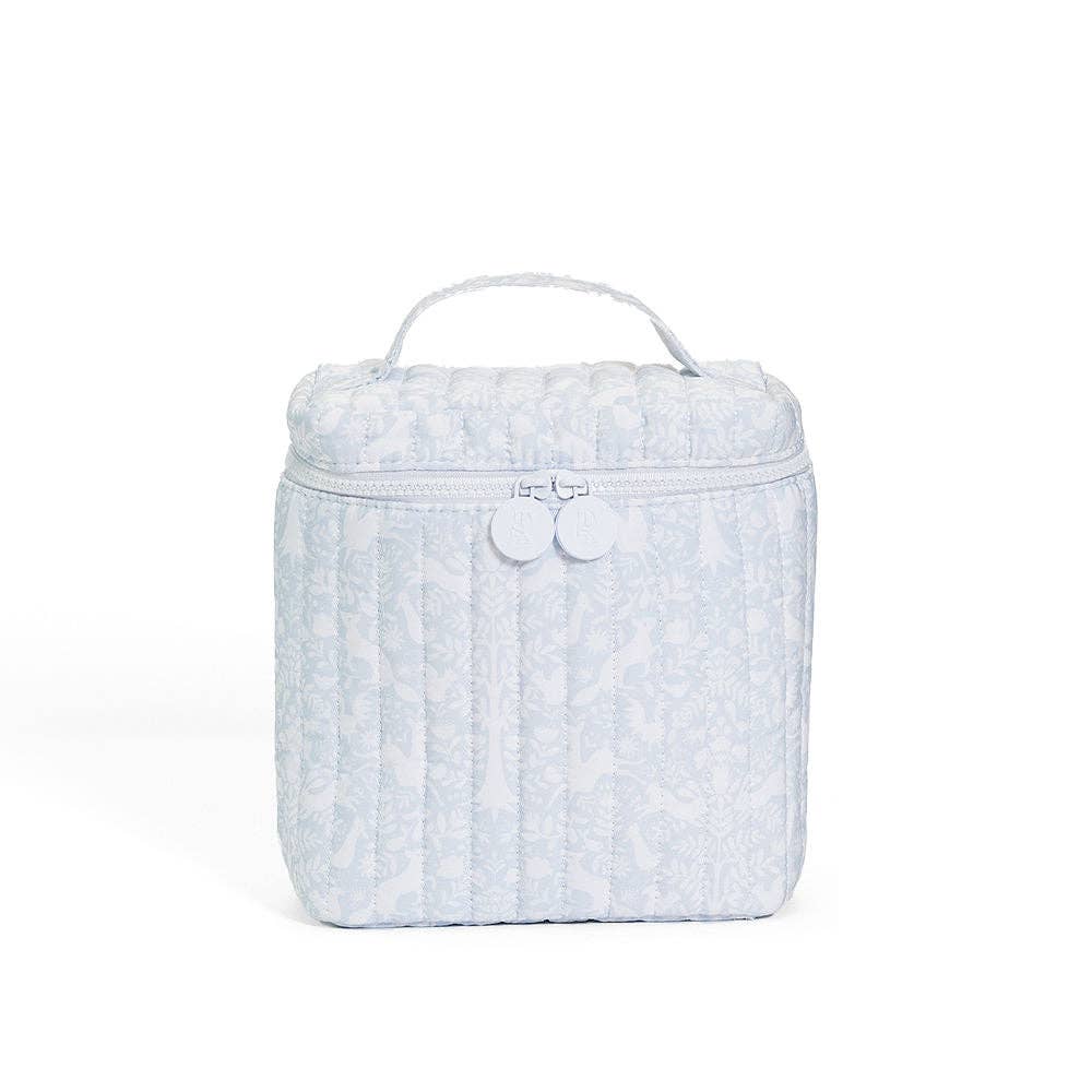 Blue and white small rectangular lunch box with a textured pattern on a white background