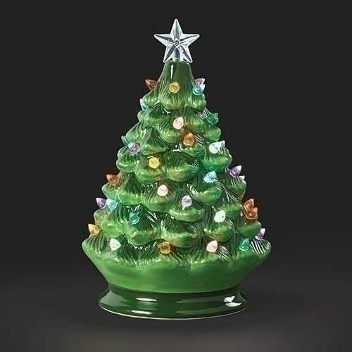 Decorative Vintage Christmas tree figurine with lights and a star on a black background