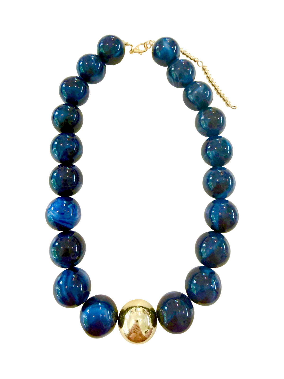 Chunky beaded necklace with dark navy-blue glass beads and gold-tone clasp