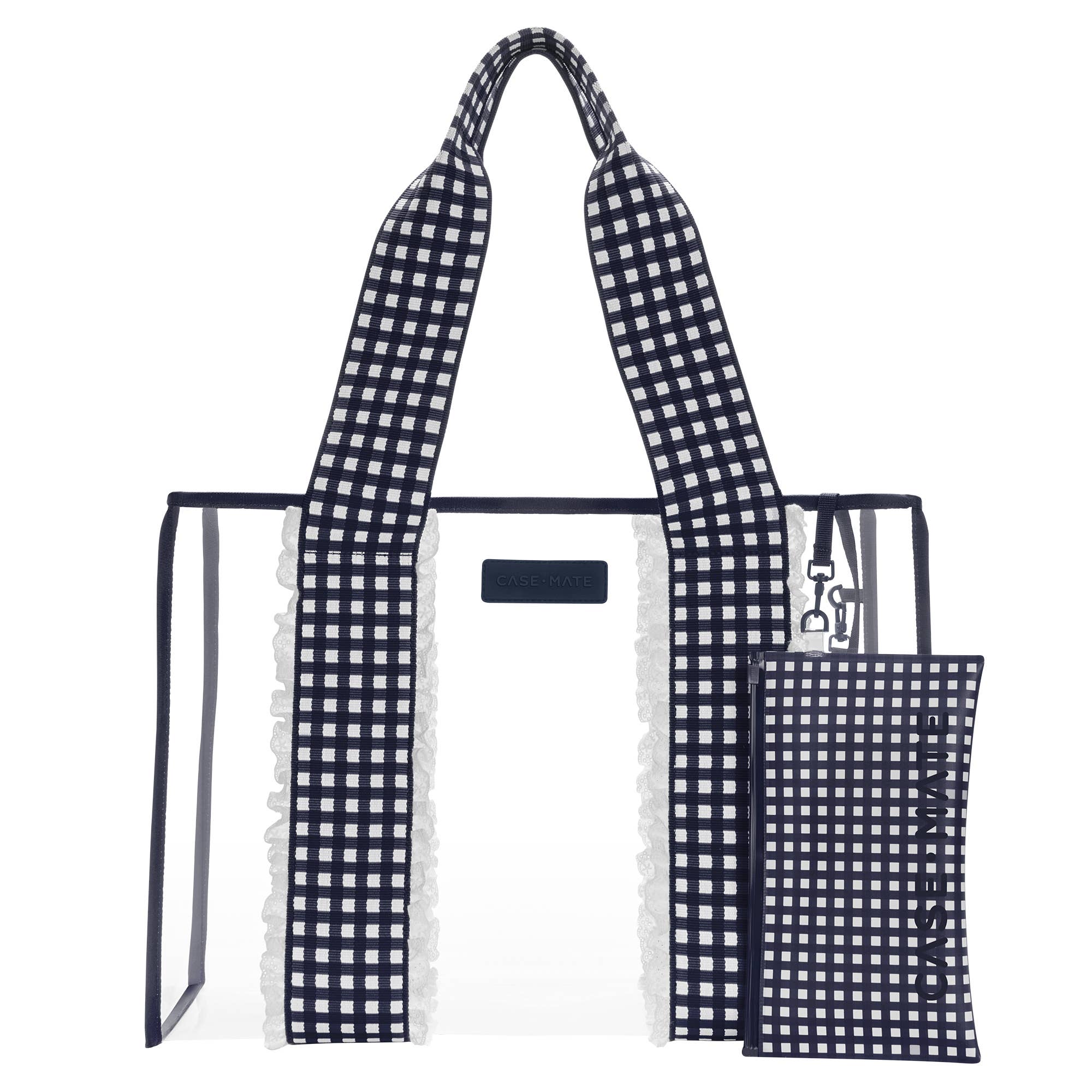 Navy and white checkered tote bag with matching pouch on a white background