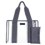 Navy and white checkered tote bag with matching pouch on a white background