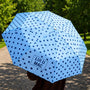 Blue polka dot umbrella with 'LULU MAC' branding held outdoors.
