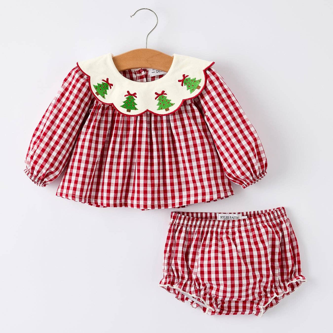 Rylee Faith Designs - Christmas Tree Embroidery Red Gingham Long Sleeve Baby Girl Bloomers Set