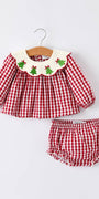 Rylee Faith Designs - Christmas Tree Embroidery Red Gingham Long Sleeve Baby Girl Bloomers Set