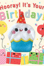 Birthday card with a cupcake, balloons, and presents on a beige background