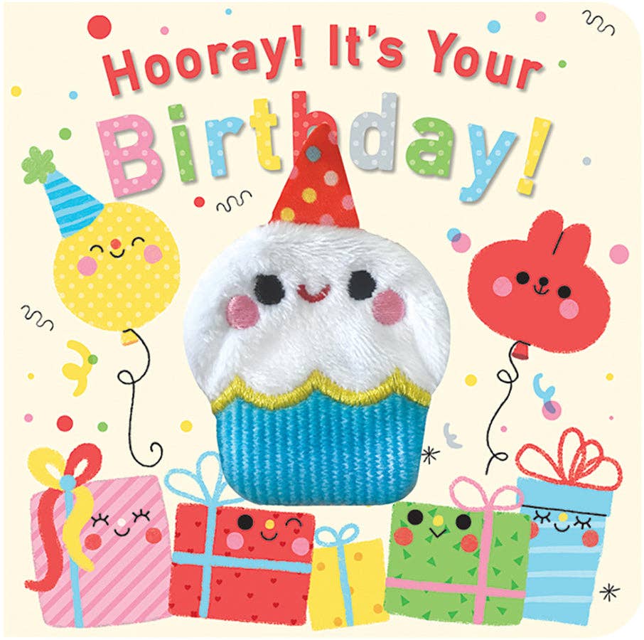 Birthday card with a cupcake, balloons, and presents on a beige background