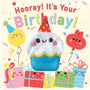Birthday card with a cupcake, balloons, and presents on a beige background