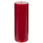 A single tall, cylindrical red pillar candle with a visible wick, centered against a plain white background.