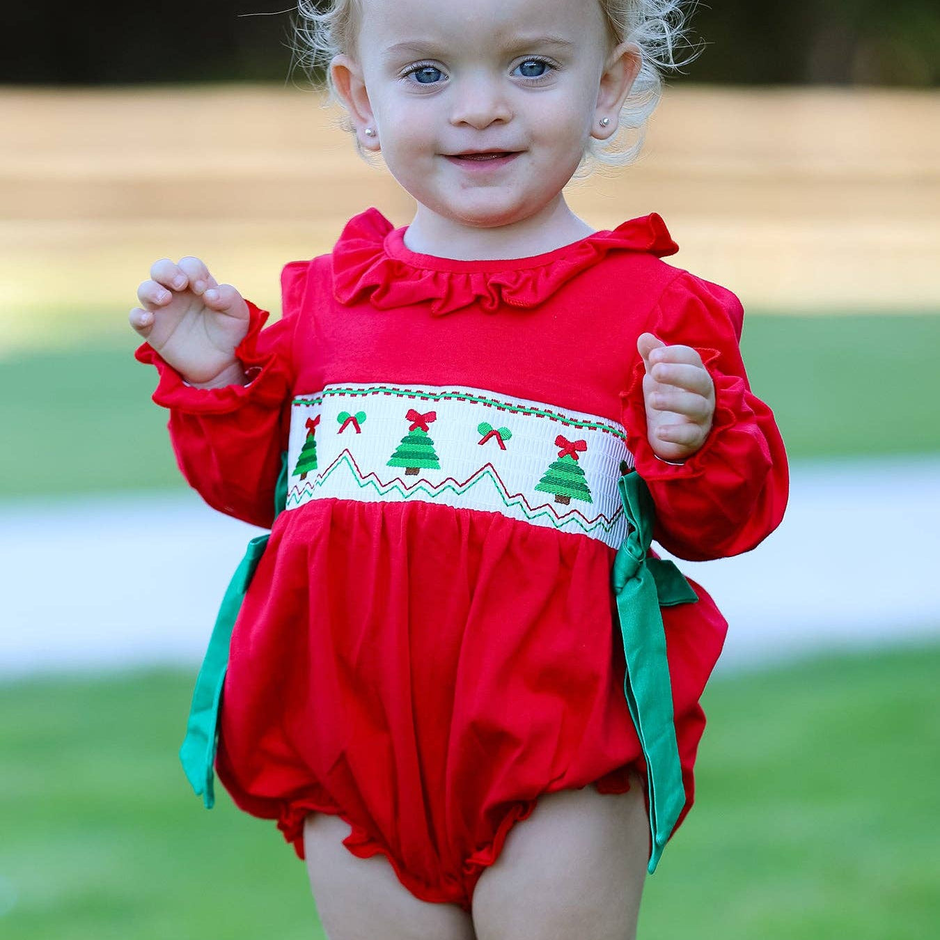 Rylee Faith Designs - Christmas Smocked Girls Romper with Green Bow and Tree Embroidery