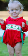 Rylee Faith Designs - Christmas Smocked Girls Romper with Green Bow and Tree Embroidery