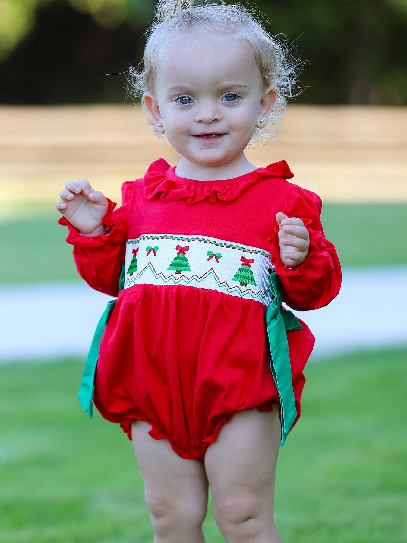 Rylee Faith Designs - Christmas Smocked Girls Romper with Green Bow and Tree Embroidery