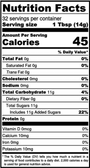 Nutrition facts label for a product with 45 calories per serving