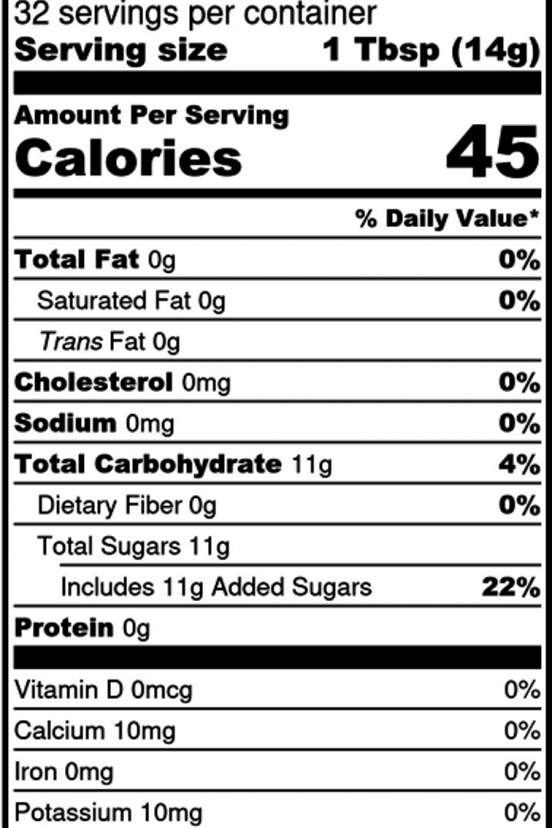 Nutrition facts label for a product with 45 calories per serving
