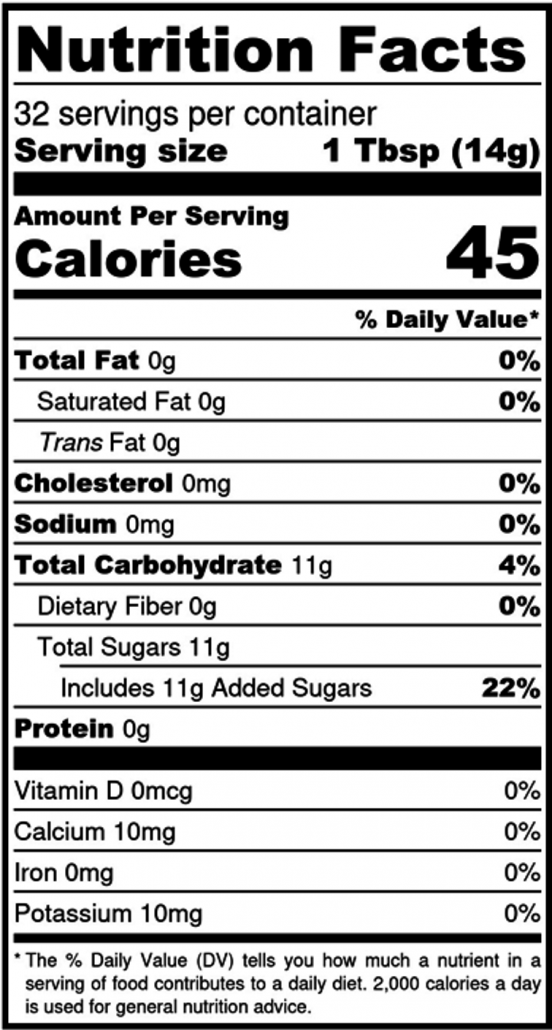 Nutrition facts label for a product with 45 calories per serving