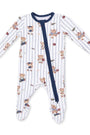 A baby long-sleeve footed sleeper with vertical navy blue pinstripes and a playful teddy bear pattern, featuring a navy blue zipper closure down the front.