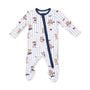 A baby long-sleeve footed sleeper with vertical navy blue pinstripes and a playful teddy bear pattern, featuring a navy blue zipper closure down the front.