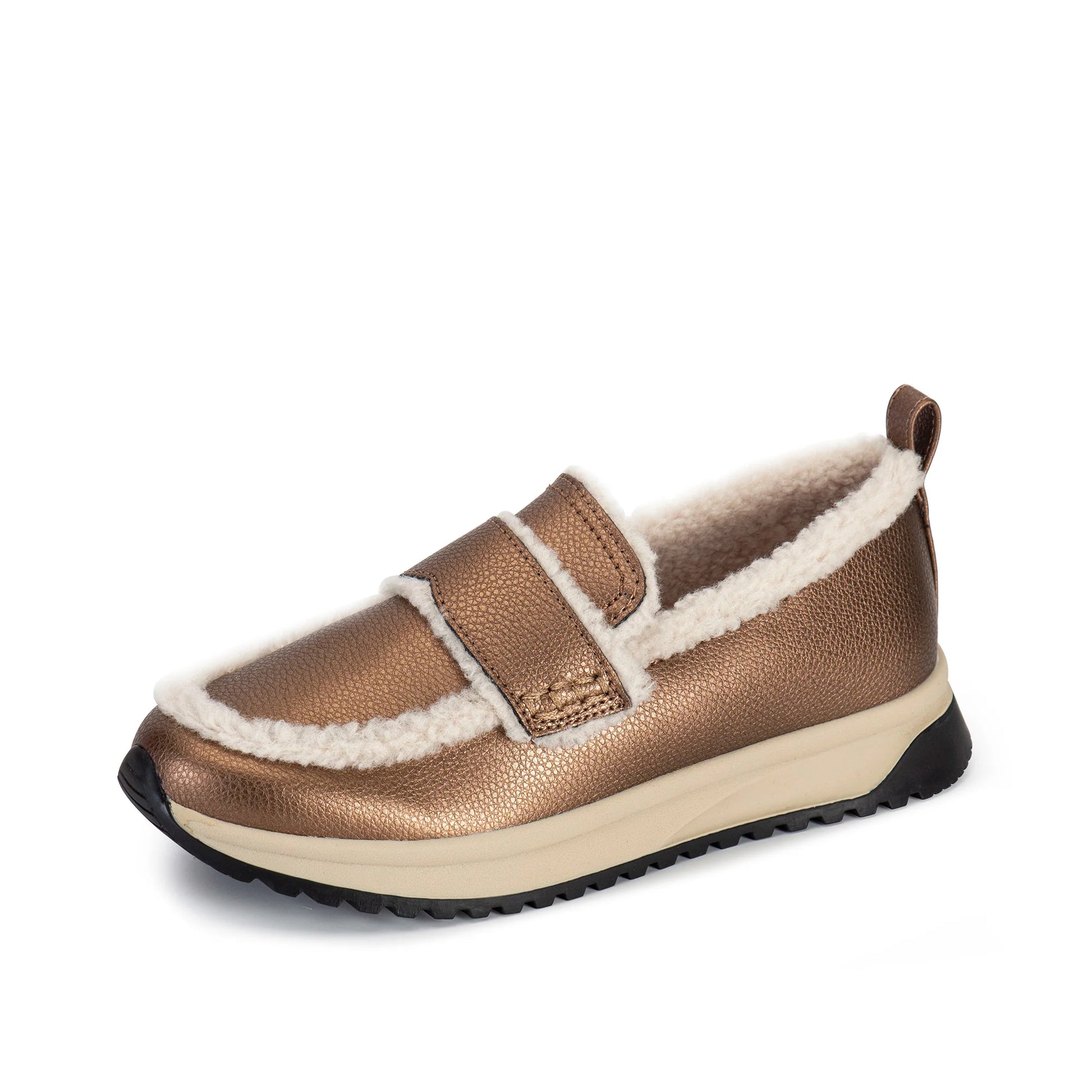 A single slip-on loafer-style shoe in metallic bronze with a thick cream shearling lining and a black treaded sole, shown on a plain white background.