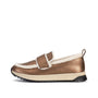 A single slip-on loafer-style shoe with a metallic bronze pebbled leather upper, cream shearling lining, and a black-and-cream sole, shown in side profile on a white background.