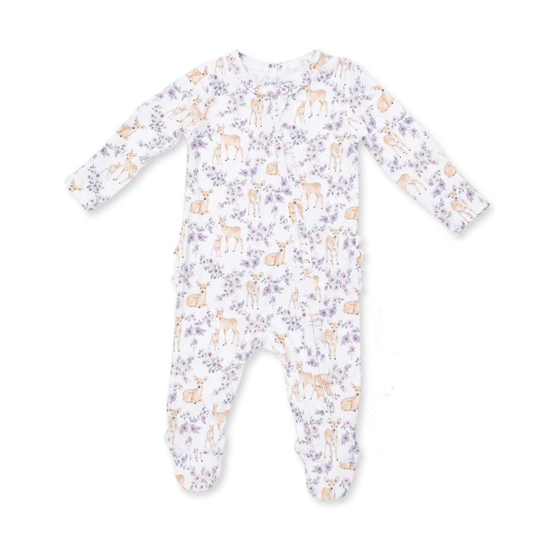 A baby footed sleeper with long sleeves and legs, featuring an all-over print of light brown deer and purple flowers on a white background.