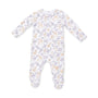 A baby footed sleeper with long sleeves and legs, featuring an all-over print of light brown deer and purple flowers on a white background.