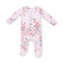 A baby long-sleeve footed sleeper in light pink with a rose and floral print, featuring a ruffled trim at the waist and textured knit feet, shown on a plain white background.