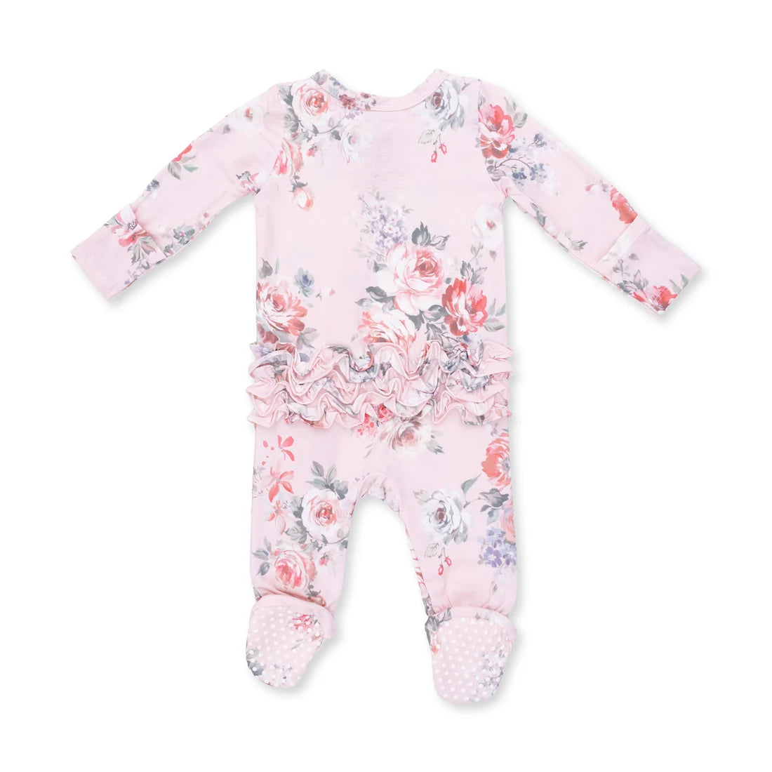 A baby long-sleeve footed sleeper in light pink with a rose and floral print, featuring a ruffled trim at the waist and textured knit feet, shown on a plain white background.