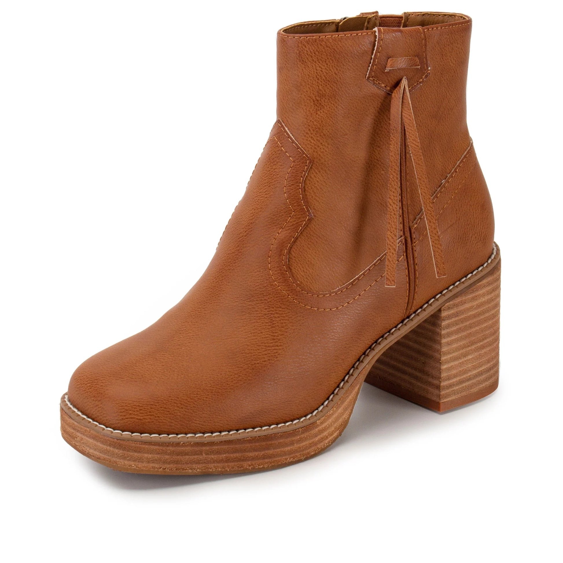 A single brown leather ankle boot with a stacked wood-look block heel, platform sole, and decorative stitching, shown on a plain white background.