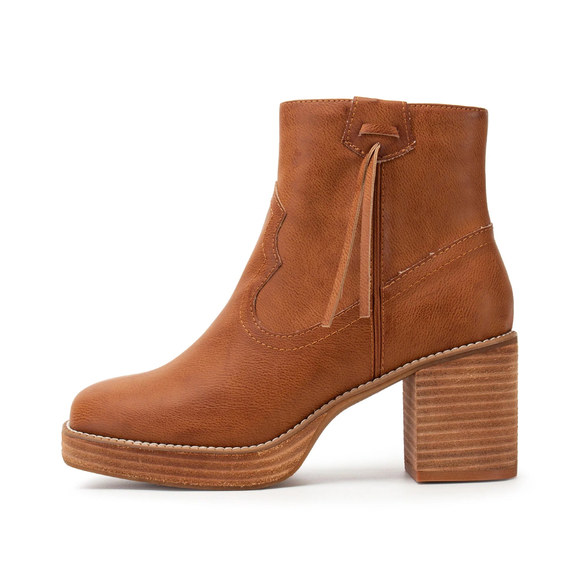 Brown ankle boot with block heel on a white background